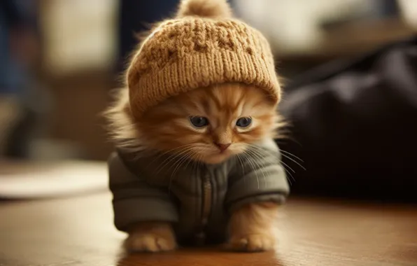 Cat, look, pose, kitty, red, jacket, face, cap