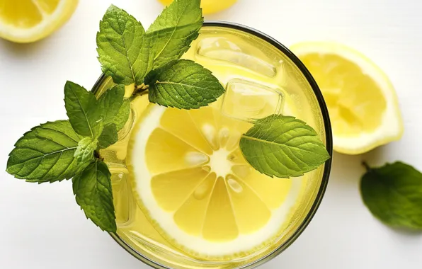 Leaves, glass, lemon, glass, white background, drink, citrus, mint