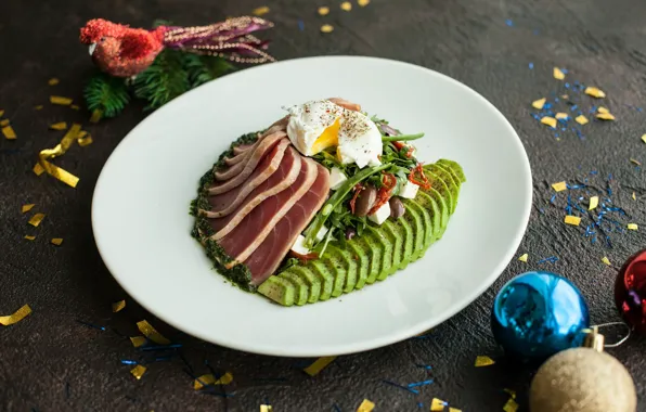 Greens, eggs, meat, avocado