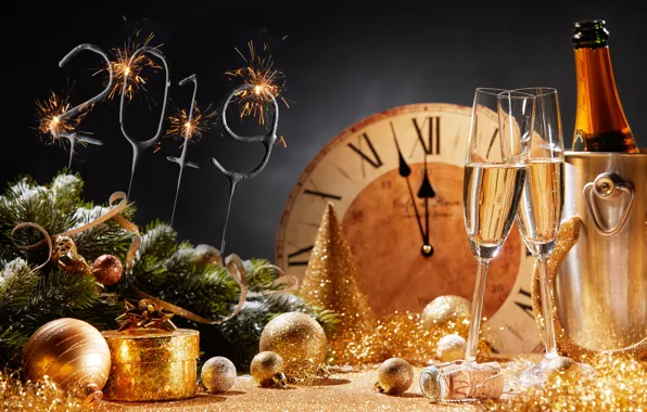 Picture background, holiday, gift, toys, glasses, New year, tinsel, champagne