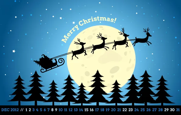 Stars, night, the moon, tree, new year, Christmas, new year, sleigh