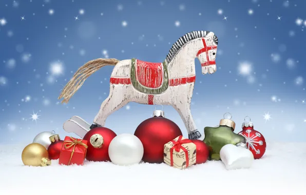 Picture snow, decoration, balls, horse, toys, doll, gifts, New year