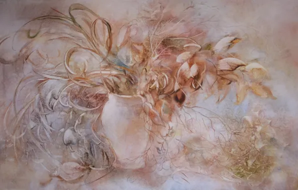 Flowers, picture, vase, Still life, Sfumato, gift painting, Petrenko Svetlana, pink grey background