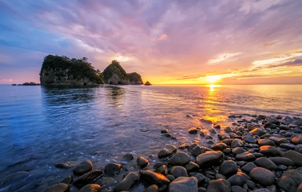 Picture sea, beach, clouds, sunset, reflection, rocks, the evening, beach