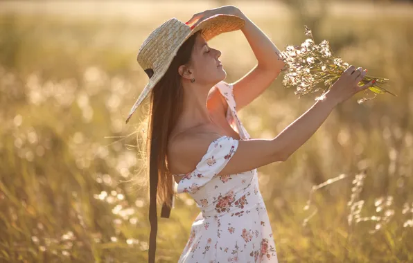 Picture summer, girl, flowers, pose, mood, hat, hands, dress