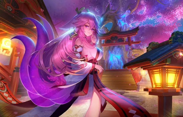 Girl, night, Sakura, lantern, torii, Genshin Impact, Yae Miko