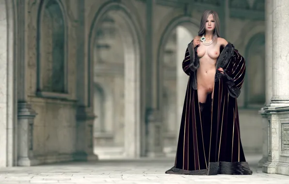 Brunette, Breast, Castle, Princess, Long Hair, 3D Art, Dress, Necklace