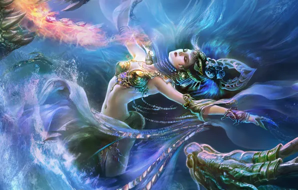 Water, girl, squirt, fire, dragons, art, rong rong