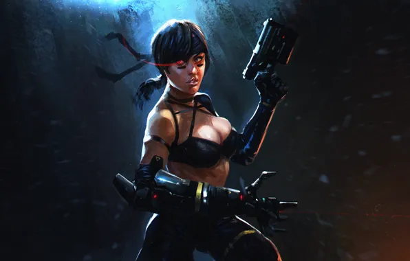 Chest, girl, eyes, gun, body, hand, art, prosthesis