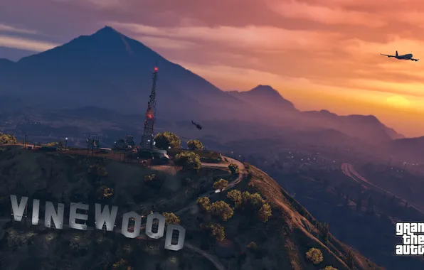 Sunset, mountains, antenna, the evening, helicopter, vinewood, gta 5, grand theft auto v