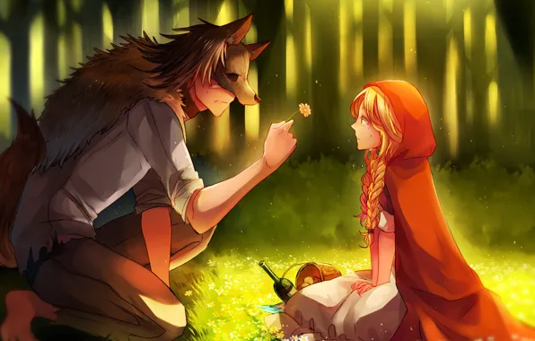 Picture flower, girl, romance, wolf, little red riding hood, art, guy, Red Riding Hood