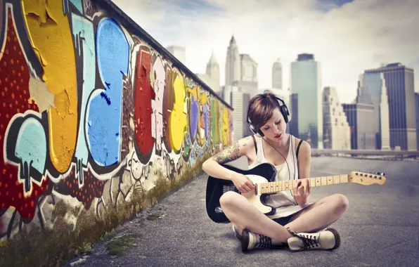The sky, asphalt, girl, the city, wall, graffiti, guitar, headphones