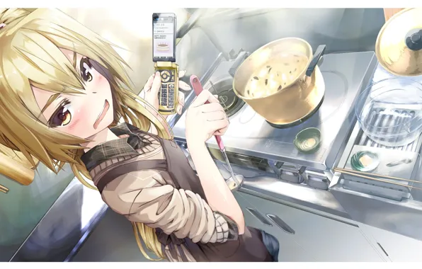 Girl, food, dishes, phone, vocaloid, Vocaloid, prepares, akita neru