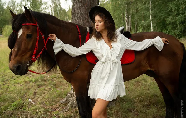 Girl, pose, horse, horse, hat, hands, dress, Evgeniy Krestyanov