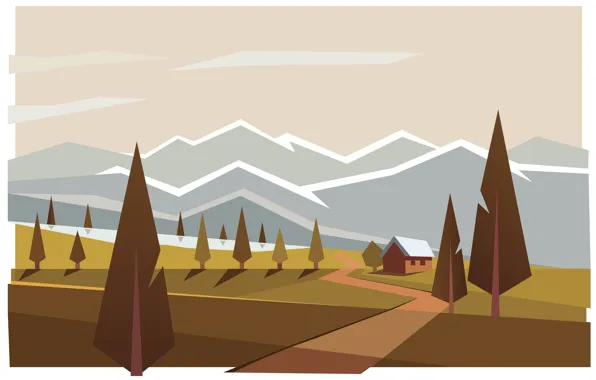 Mountains, house, Forest, illustration
