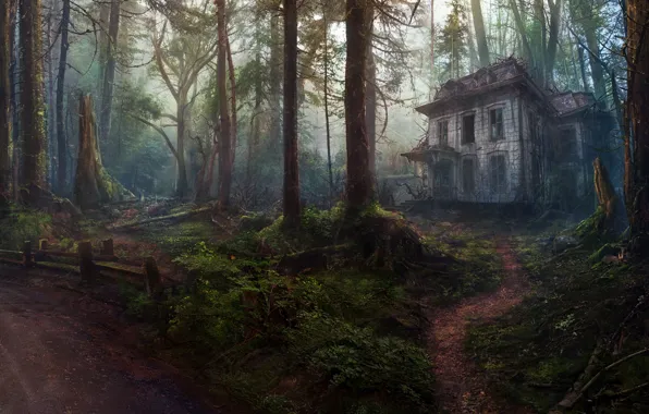 Trees, Forest, House, Art, Abandoned house, Concept Art, by Oleg Yolchiev, Forest house