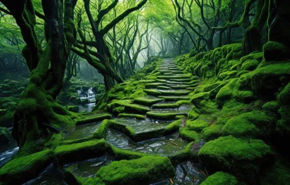 Nature, Beauty, Nature, Sunlight, Moss, Path, Green aesthetic, Thick forest