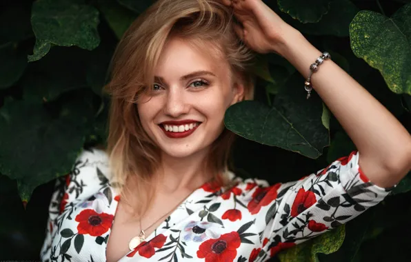Picture look, leaves, decoration, joy, pose, smile, mood, portrait