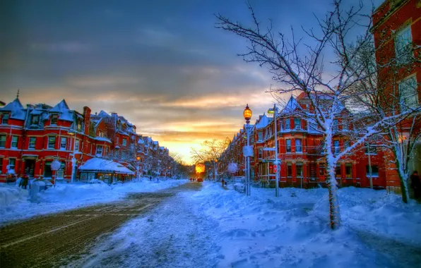 Picture the sky, clouds, snow, decoration, trees, street, home, Winter