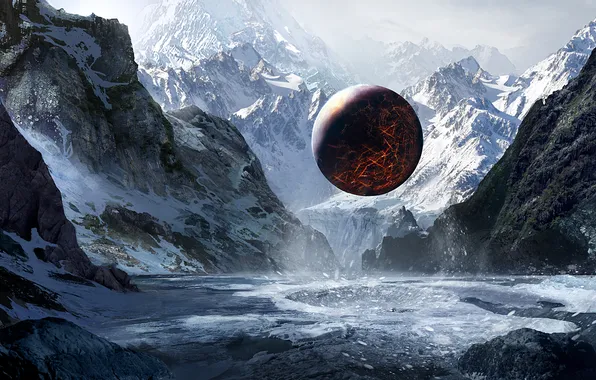 Winter, mountains, ball, art, sphere