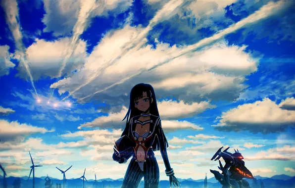 The sky, look, girl, mountains, smile, robot, missiles, helmet