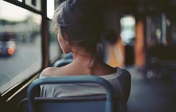 Picture girl, brunette, window, bus