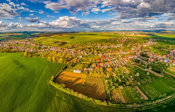 Field, the sky, the sun, clouds, trees, home, Czech Republic, panorama