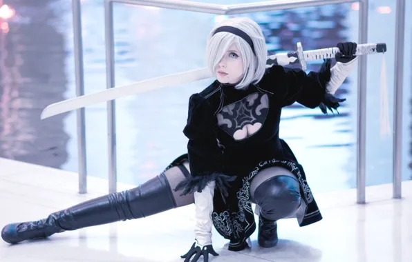 Picture style, pose, legs, cosplay, girl, sword, costume
