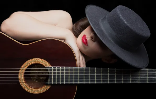 Picture girl, guitar, hat