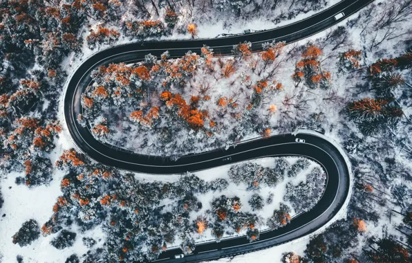 Road, autumn, snow, trees, mountains, car