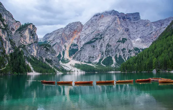 Mountains, lake, people, rocks, shore, boats, Alps, house