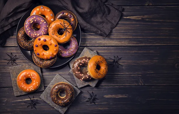 Table, holiday, spiders, Halloween, Halloween, donuts, cakes