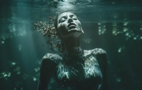 Chest, water, girl, light, nature, face, pose, bathing