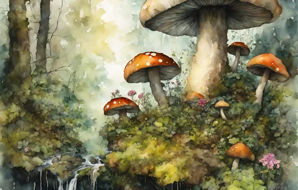 Forest, nature, mushrooms, Amanita, painting, imitation painting, AI art, neural network