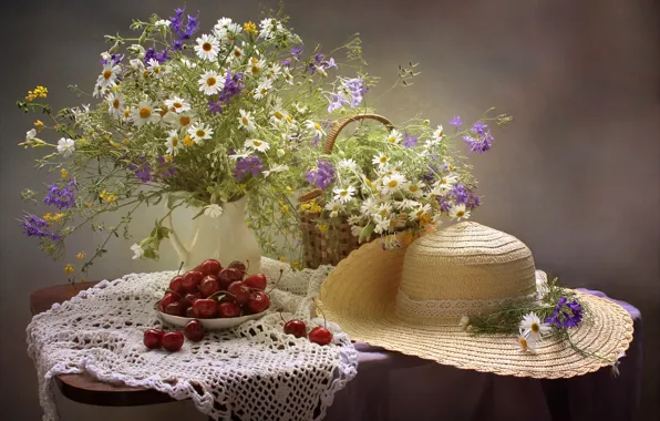 Picture summer, cherry, chamomile, bouquet, hat, still life
