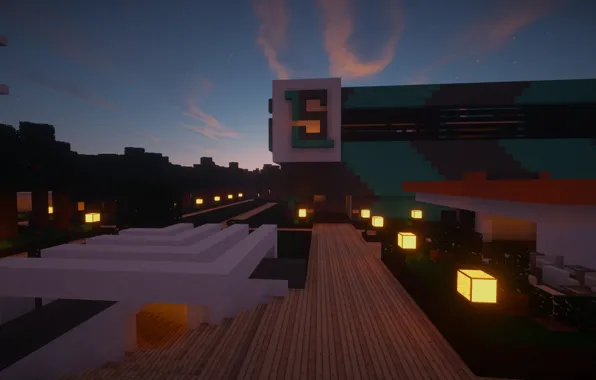 The evening, Trees, Light, The building, Minecraft