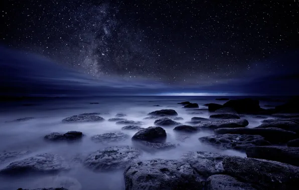 Picture sea, the sky, stars, night, stones, shore