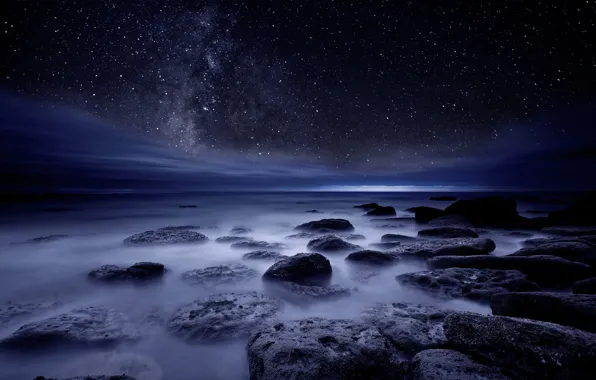 Sea, the sky, stars, night, stones, shore