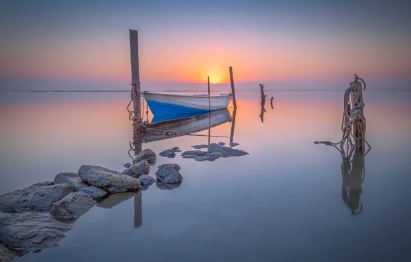 Picture landscape, lake, stones, dawn, boat, morning, Portugal, piles