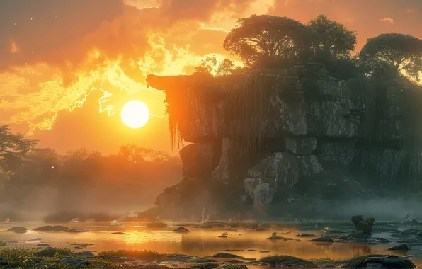 The sun, Clouds, Trees, River, Rock, Dawn, Digital art, AI art