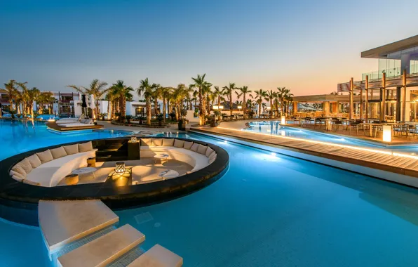Palm trees, pool, Greece, resort, luxus, Crete Luxury Resort, Stella island