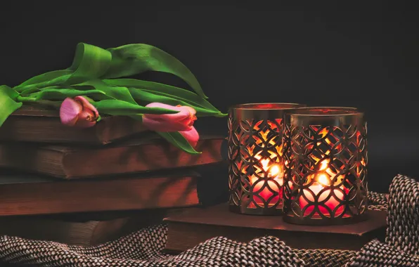 Wallpaper book, flame, the dark background, flowers, light, candles, table, bouquet