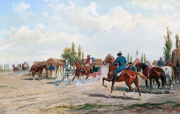 People, Picture, Wagon, Horse, Alfred Steinaker, Alfred Steinacker, Hungarian-Austrian artist, Horse market in Arad in …