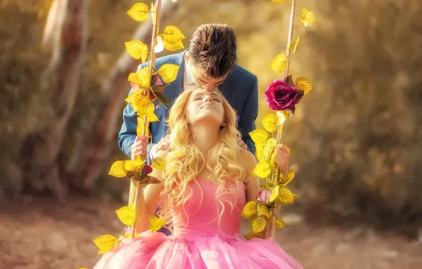 Girl, swing, romance, kiss, dress, pair, male, lovers
