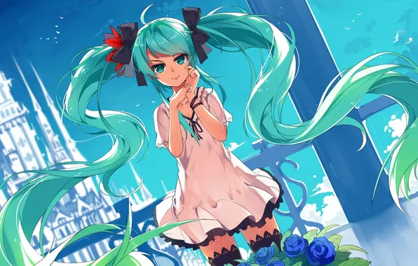 Picture girl, flowers, smile, castle, anime, art, vocaloid, hatsune miku