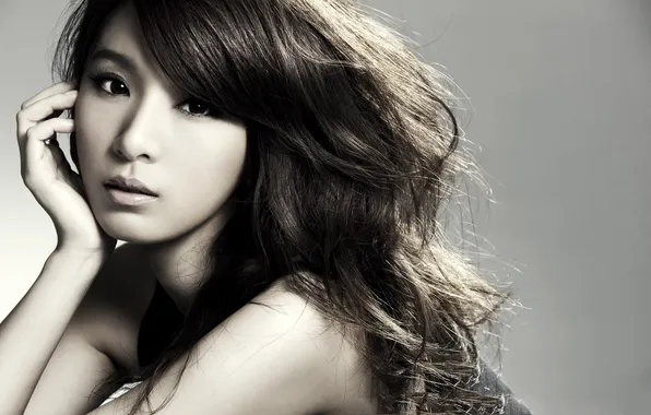 Eyes, look, girl, face, hair, hand, Asian, grey background
