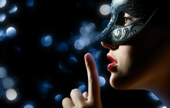 Picture girl, mask, mystery, profile, gesture, bokeh