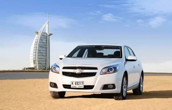 Sand, Beach, Auto, White, Chevrolet, Day, Dubai, The front