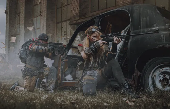 Wallpaper girl, weapons, male, ruins, car, rifle, postapokalipsis