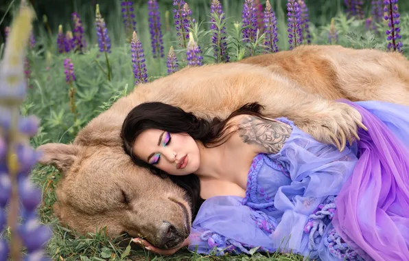 Girl, flowers, nature, pose, style, makeup, bear, costume